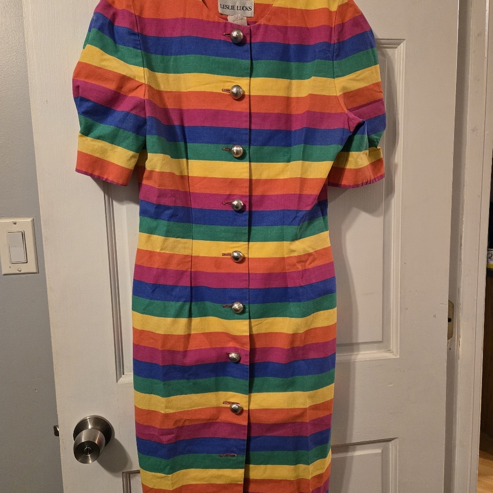 Vintage Rainbow Striped Leslie Lucks Button-Up Dress